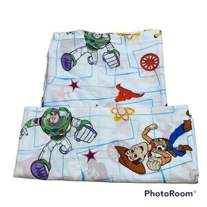 Vintage Toy Story Twin Flat Sheet & 2 Window Valances 90s Fabric Woody Buzz